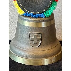 Vintage Swiss Cowbell Leather Strap Fringe Brass Glocken Crest 11.5" Alpine Deco